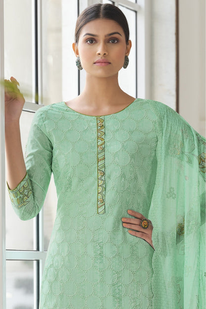 Green Colour Cotton Chikankari Embroidery Palazzo Pant Suit