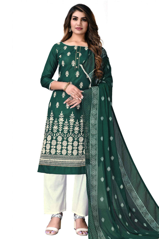 Green Colour Cotton Embroidery Pant Style Suit