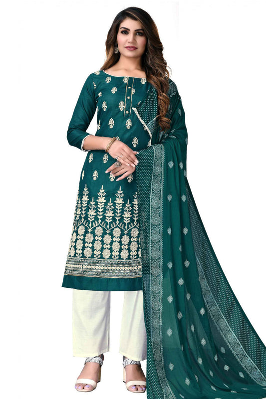 Green Colour Cotton Embroidery Pant Style Suit