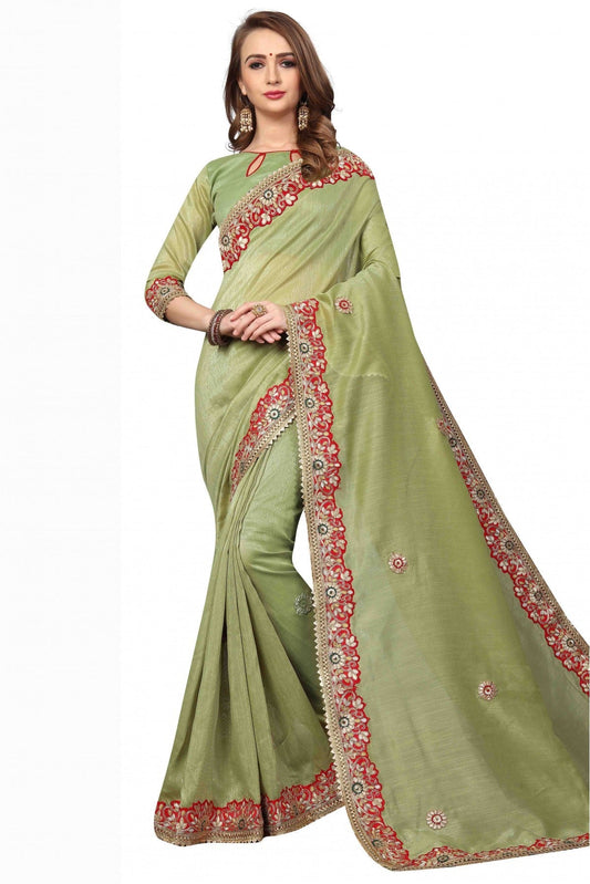 Green Colour Cotton Silk Embroidery Saree