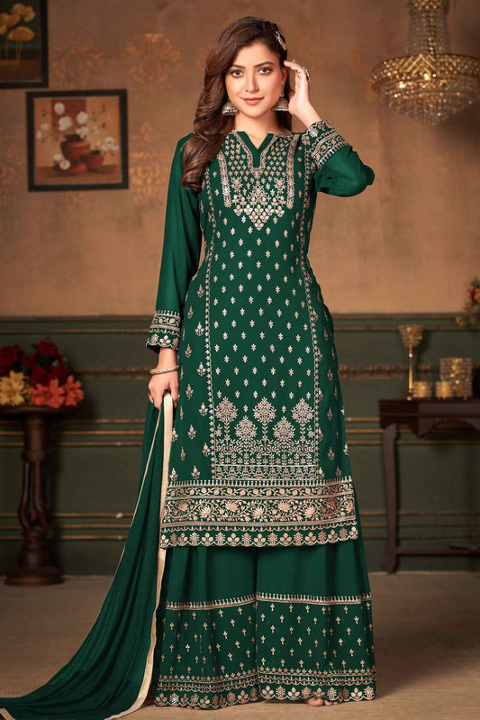 Green Colour Faux Georgette Embroidery Sharara Suit