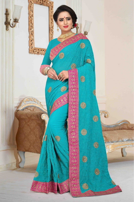 Green Colour Georgette Embroidered Saree