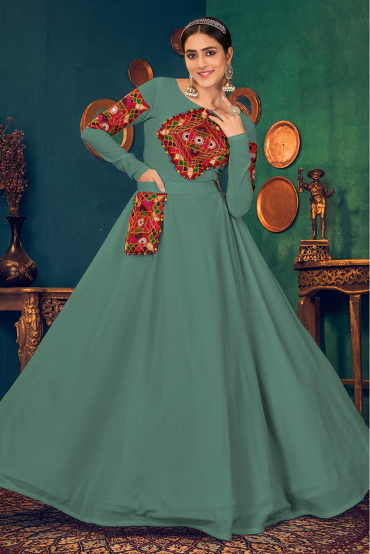 Green Colour Georgette Embroidery Gown