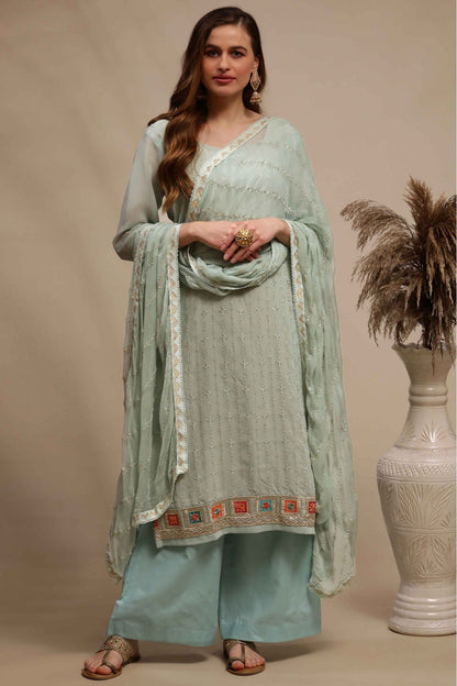 Green Colour Georgette Embroidery Palazzo Pant Suit