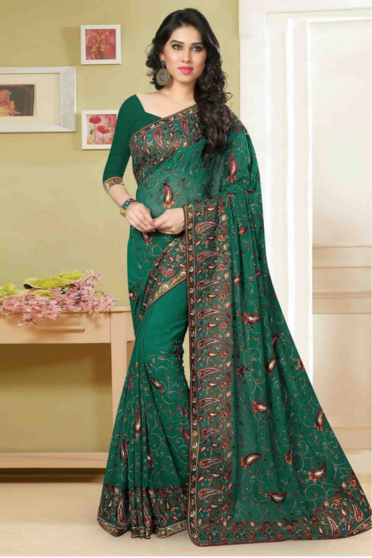 Green Colour Georgette Embroidery Saree
