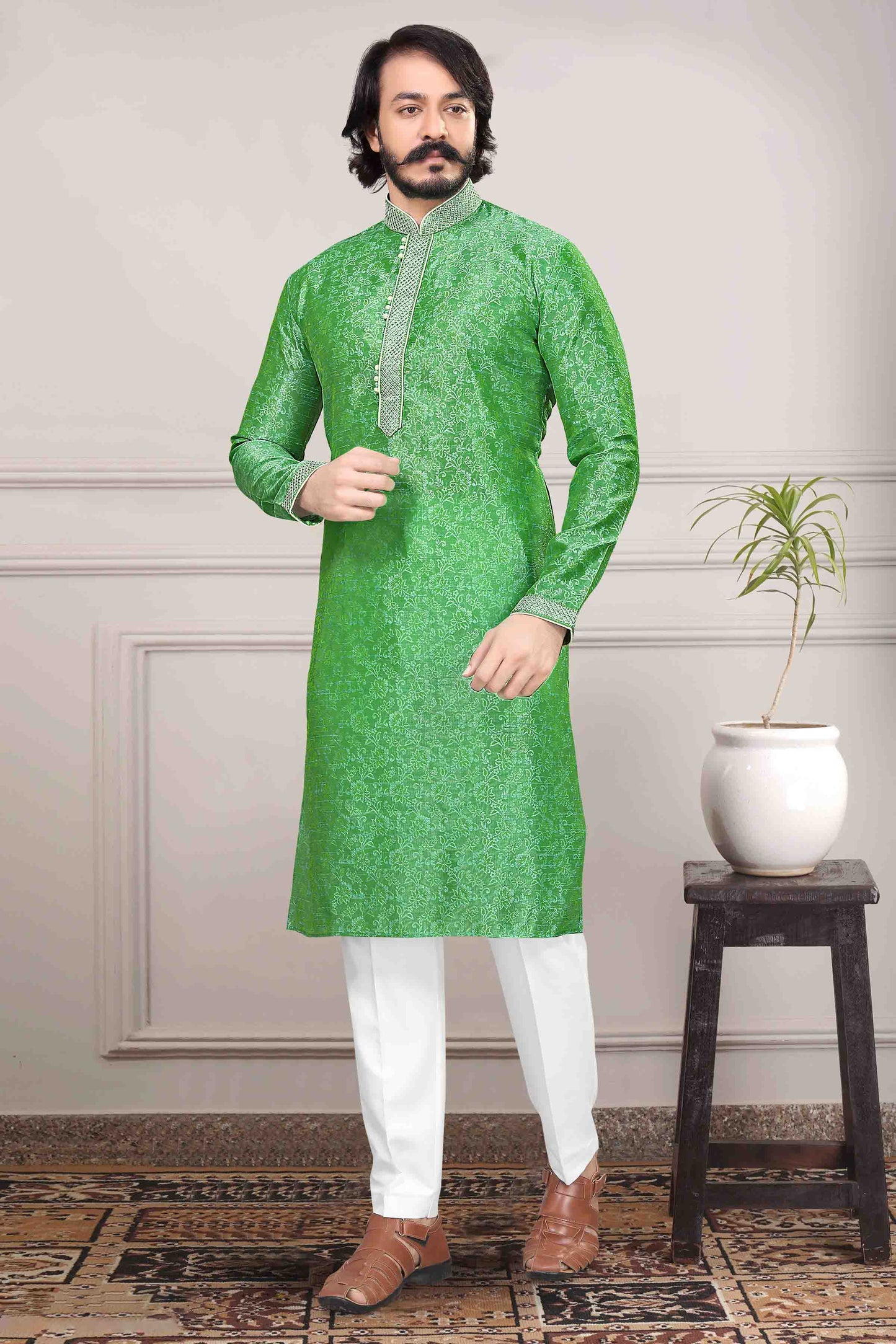 Green Colour Kurta Pajama In Jacquard Silk