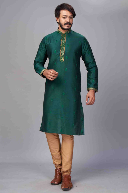 Green Colour Kurta Pajama In Jacquard Silk