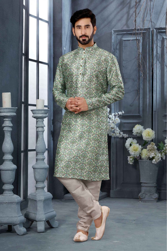 Green Colour Kurta Pajama In Silk Fabric