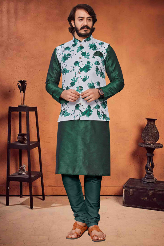 Green Colour Kurta Pajama With Jacket In Art Silk