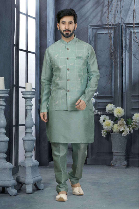 Green Colour Kurta Pajama With Jacket In Silk Dupion Fabric