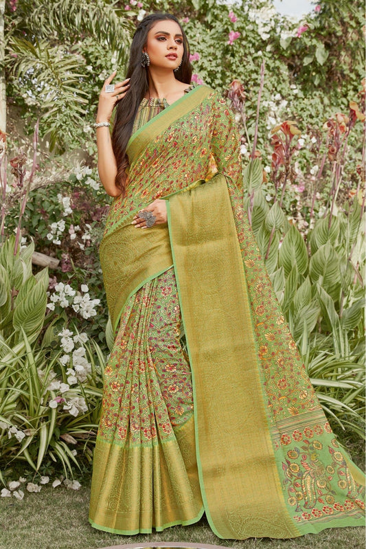 Green Colour Linen Printed Saree