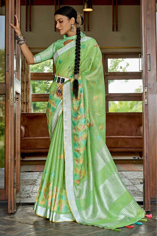 Green Colour Linen Printed Saree