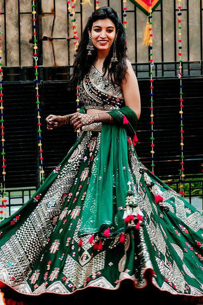 Green Colour Malai Satin Silk Designer Lehenga Choli