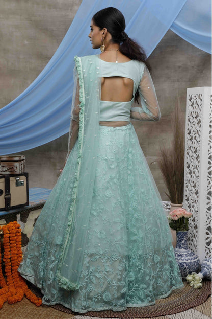 Green Colour Net Embroidery Lehenga Style Gown