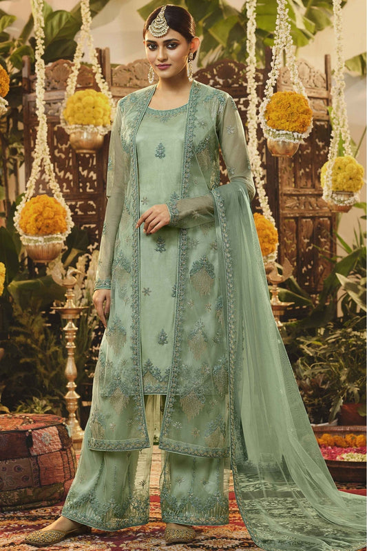Green Colour Net Embroidery Palazzo Pant Suit