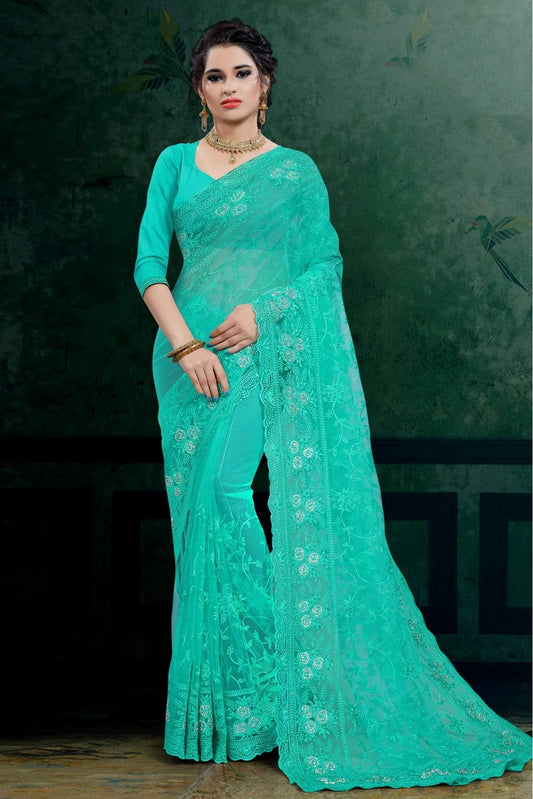 Green Colour Net Embroidery Saree