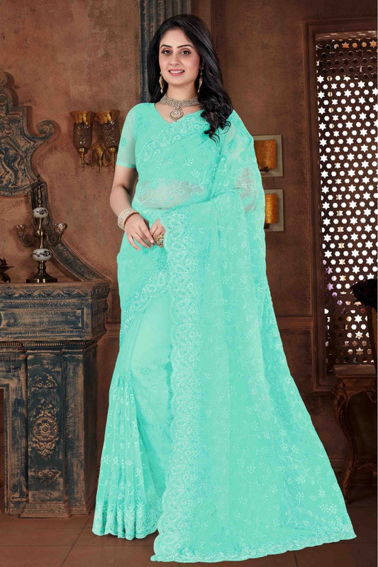 Green Colour Net Embroidery Saree