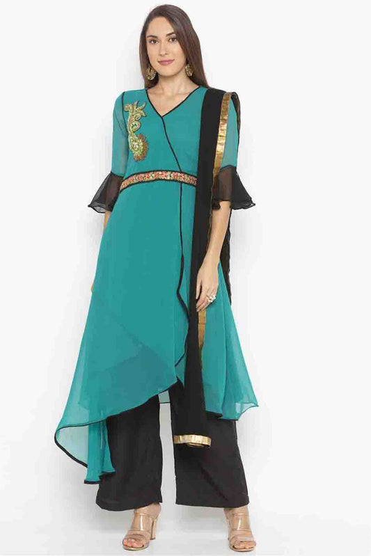 Green Colour Plus Size Stitched Georgette Embroidery Palazzo Pant Suit