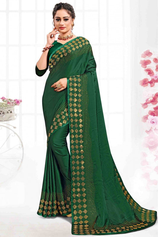Green Colour Pure Satin Designer Saree