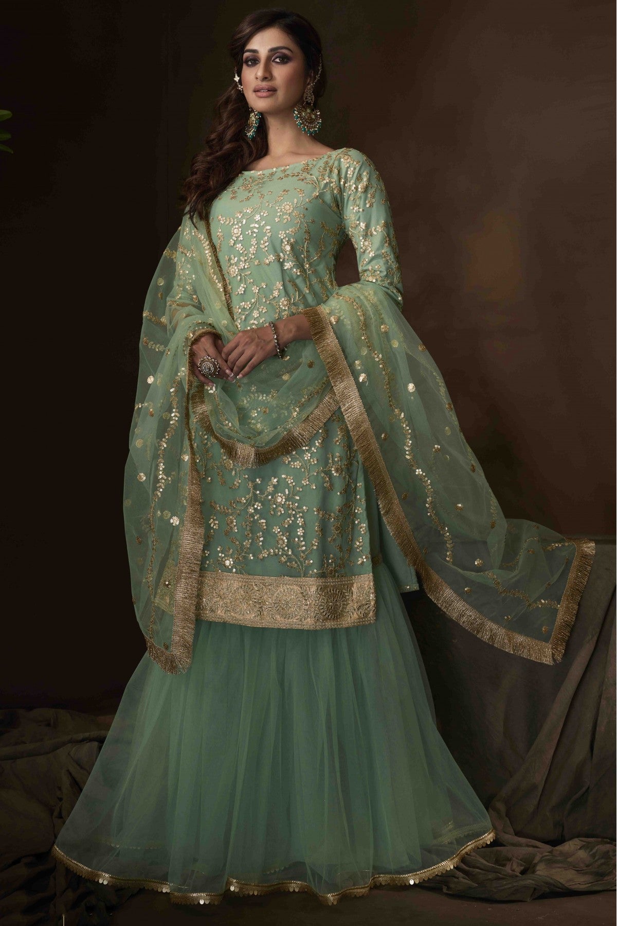 Green Colour Soft Net Sequins Work Sharara Suit