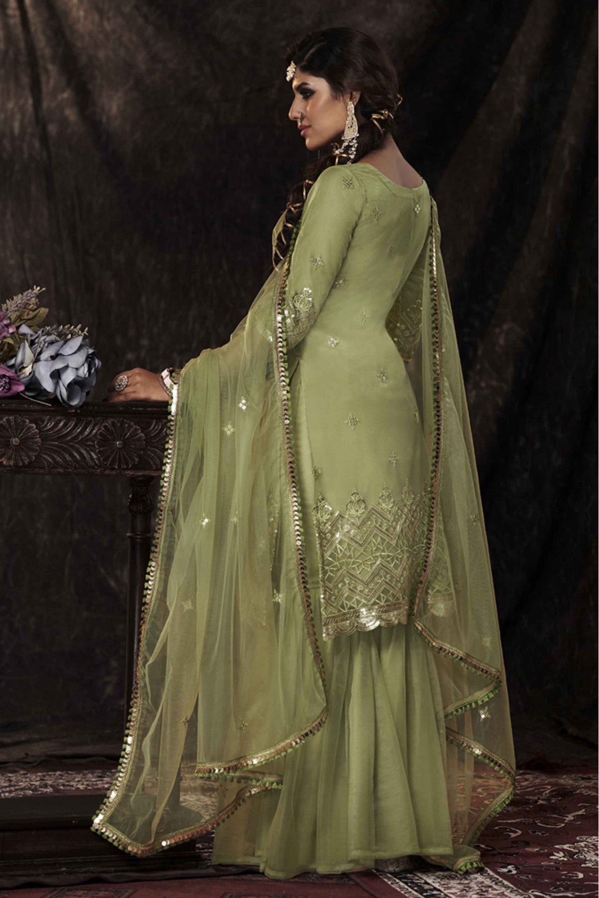 Green Colour Soft Net Sequins Work Sharara Suit