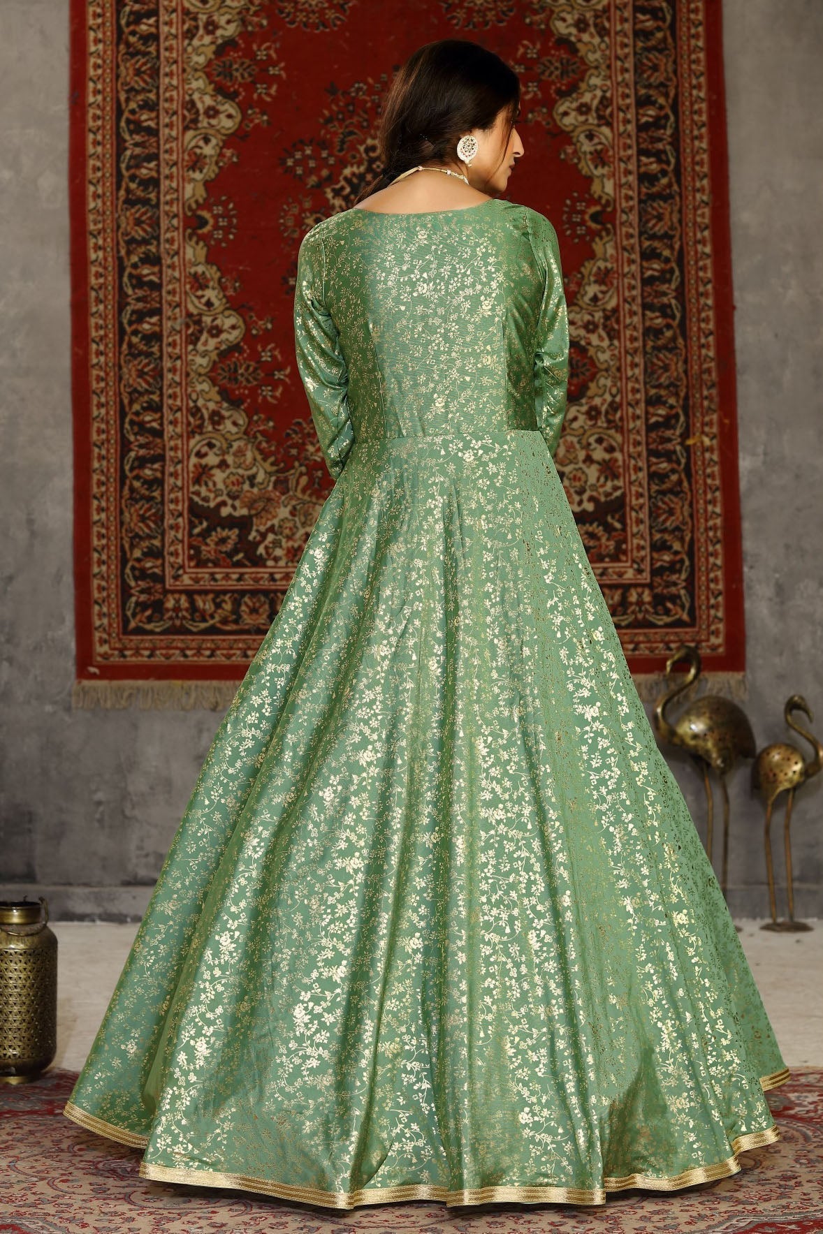 Green Colour Taffeta Foil Print Gown