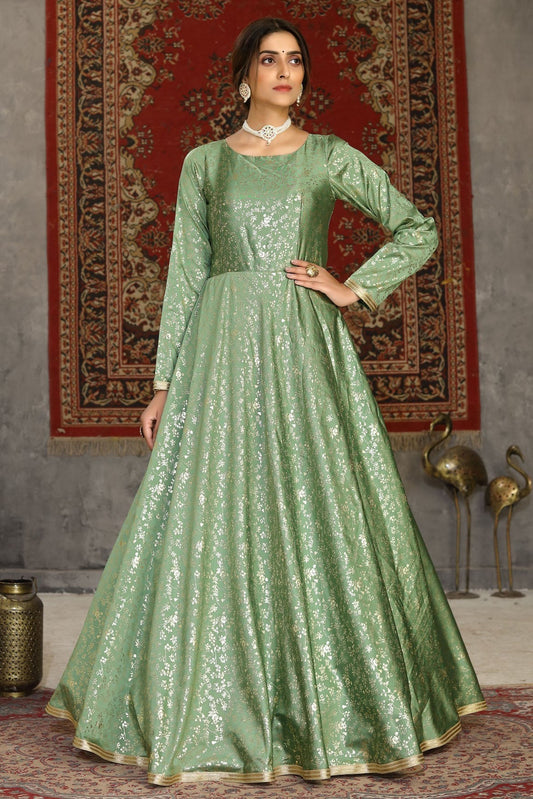 Green Colour Taffeta Foil Print Gown