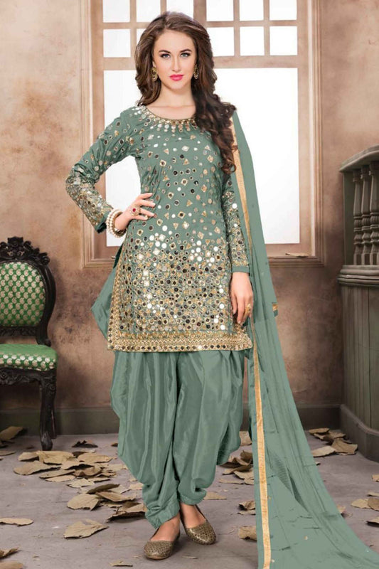 Green Colour Taffeta Silk Embroidery Patiala Suit