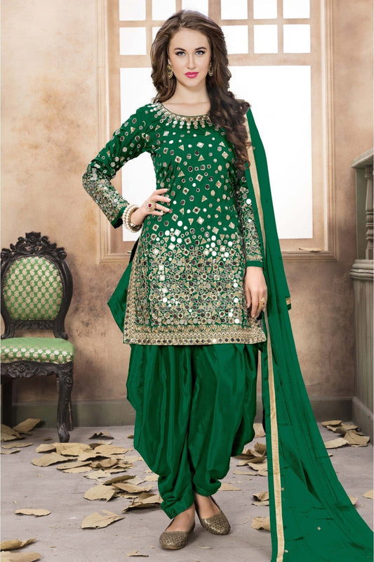 Green Colour Taffeta Silk Patiala Suit