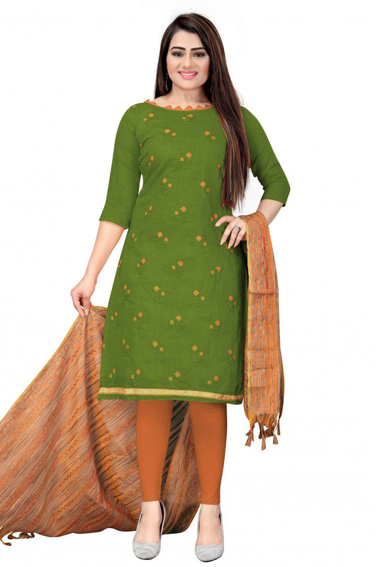 Green Colour Unstitched Banarasi Cotton Thread Work Churidar Suit