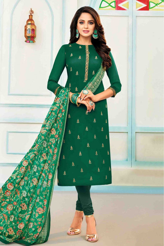 Green Colour Unstitched Chanderi Cotton Embroidery Churidar Suit
