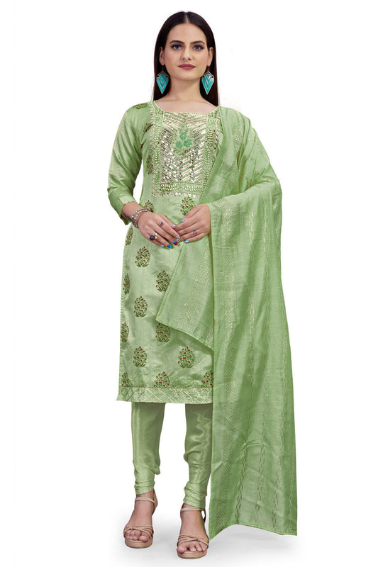 Green Colour Unstitched Chanderi Printed Churidar Suit