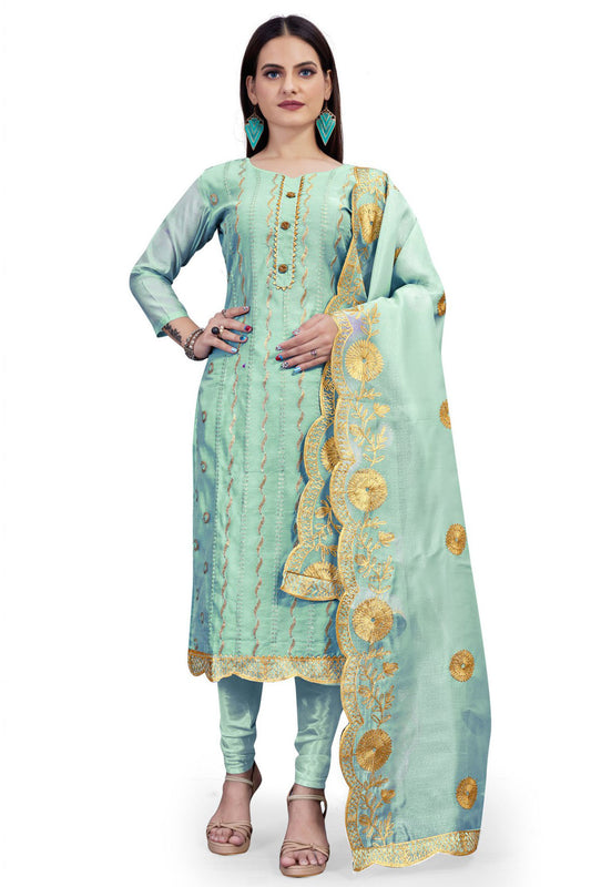 Green Colour Unstitched Chanderi Sequins Work Churidar Suit