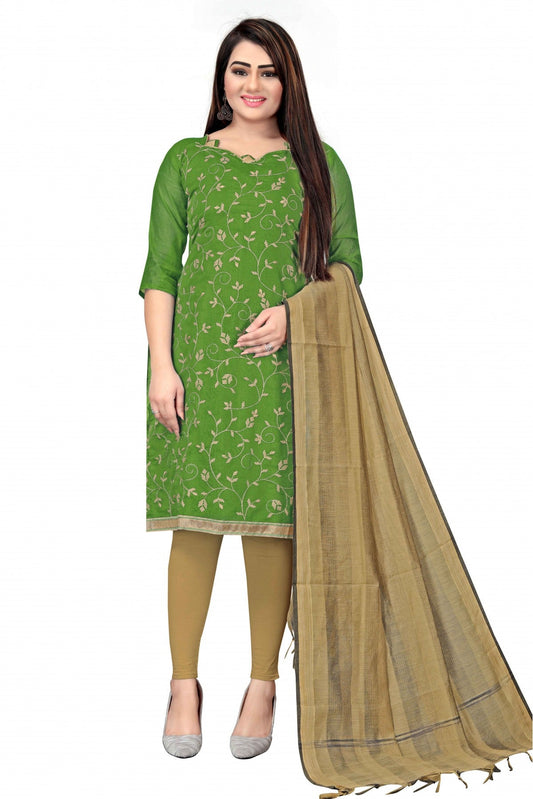 Green Colour Unstitched Chanderi Thread Work Churidar Suit