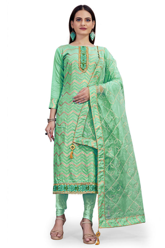 Green Colour Unstitched Chanderi Woven Churidar Suit