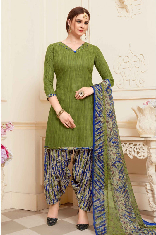 Green Colour Unstitched Cotton Printed Patiala Suit