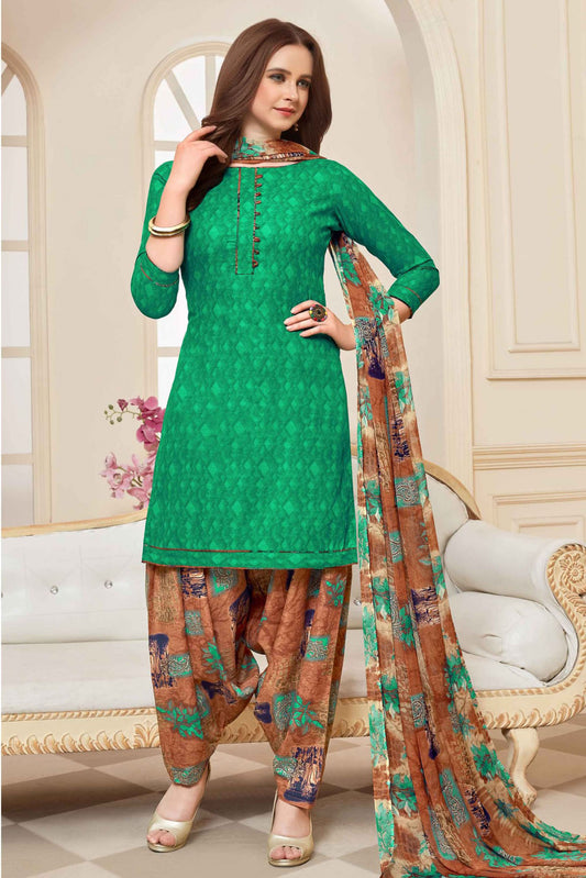 Green Colour Unstitched Cotton Printed Patiala Suit