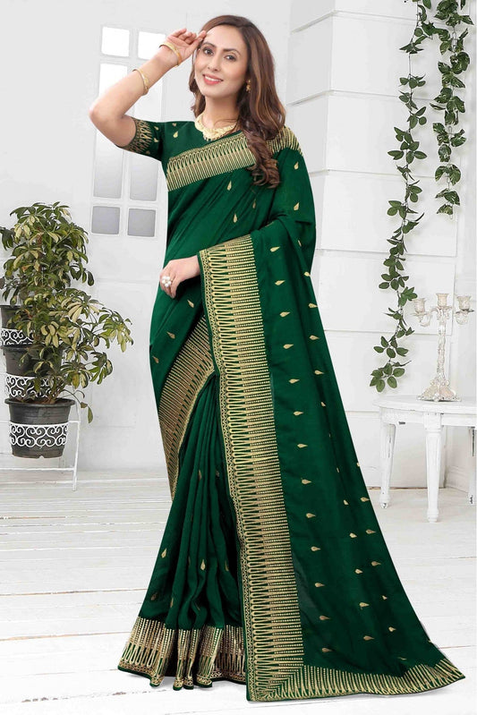 Green Colour Vichitra Silk Designer Saree