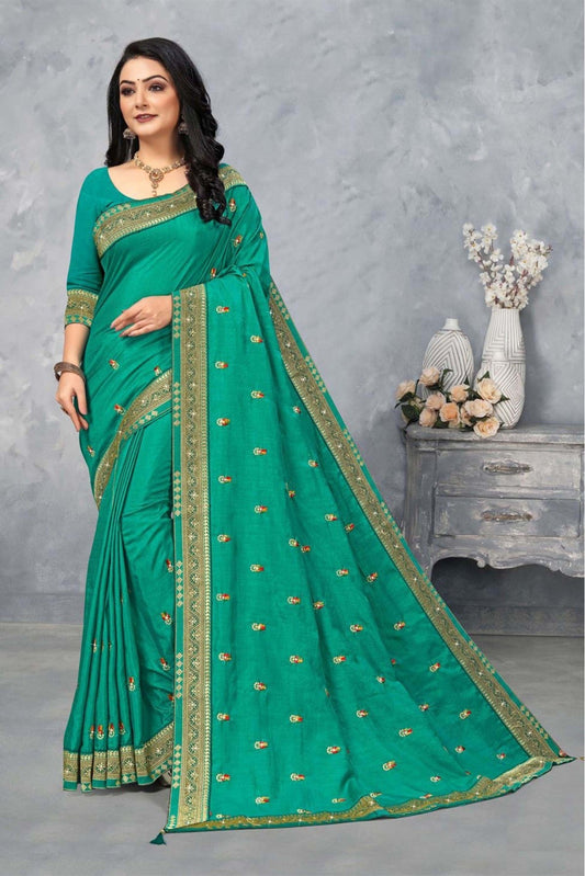 Green Colour Vichitra Silk Saree In Embroidery Work