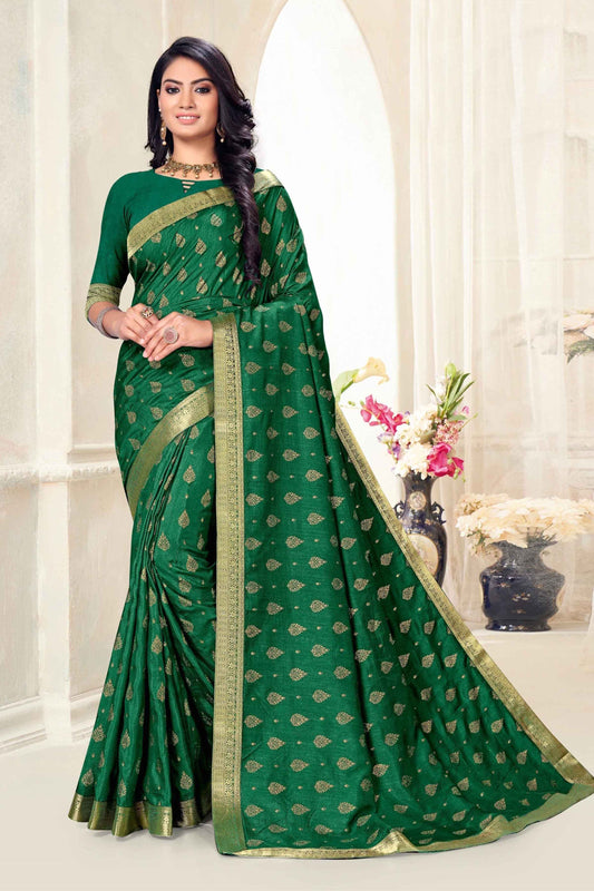 Green Colour Vichitra Silk Saree In Foil Print Work