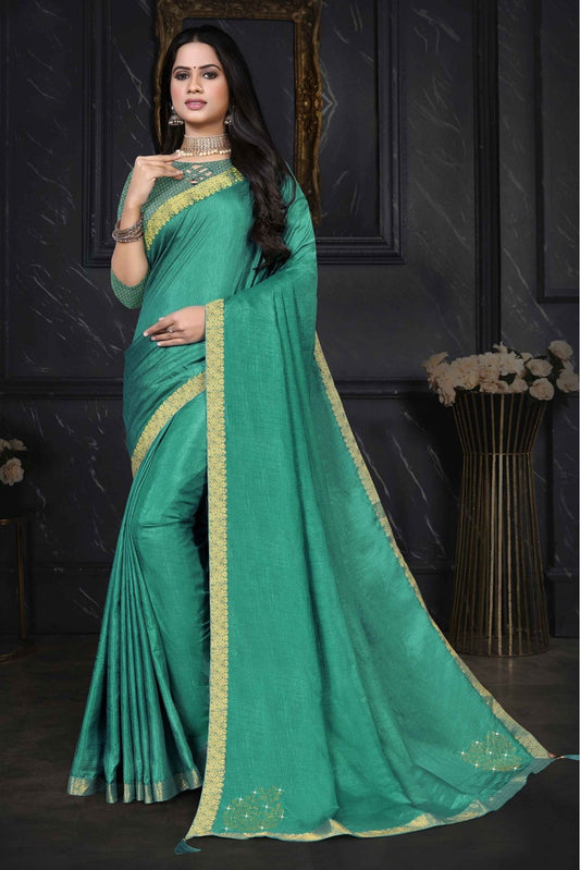 Green Colour Vichitra Silk Saree In Lace Work