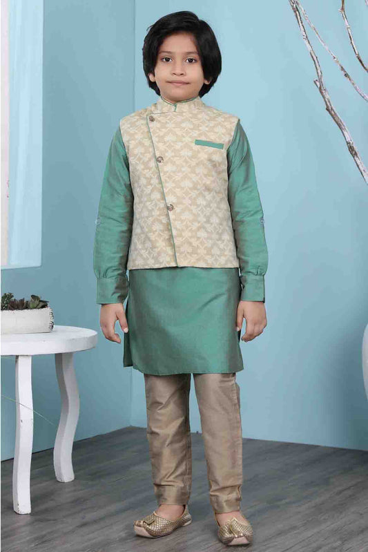 Green and Beige Colour Cotton Silk Kurta Pajama With Jacket