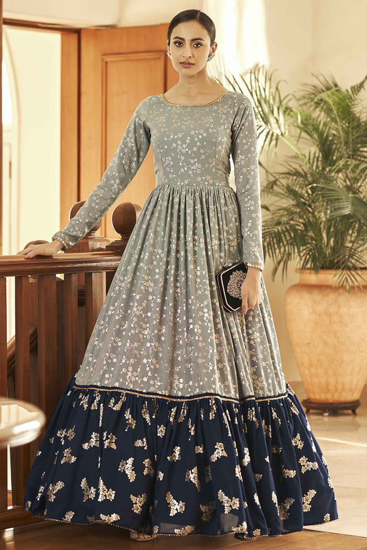 Green and Blue Colour Georgette Foil Print Gown
