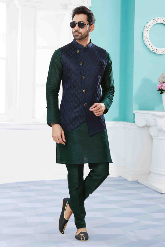 Green and Blue Colour Kurta Pajama With Jacket In Silk Dupion Fabric