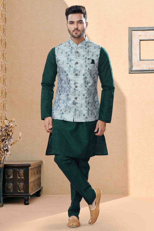 Green and Grey Colour Kurta Pajama With Jacket In Silk Dupion Fabric
