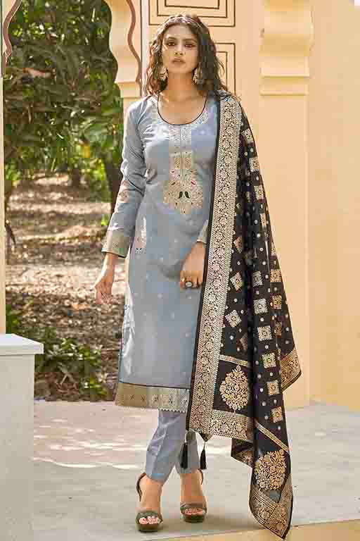 Grey Colour Banarasi Jacquard Unstitched Pant Style Suit