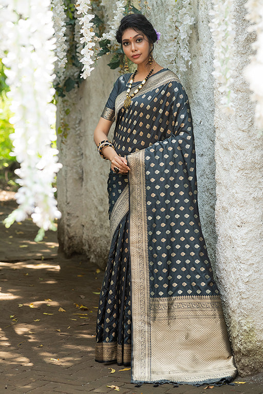 Grey Colour Banarasi Silk Traditional Saree