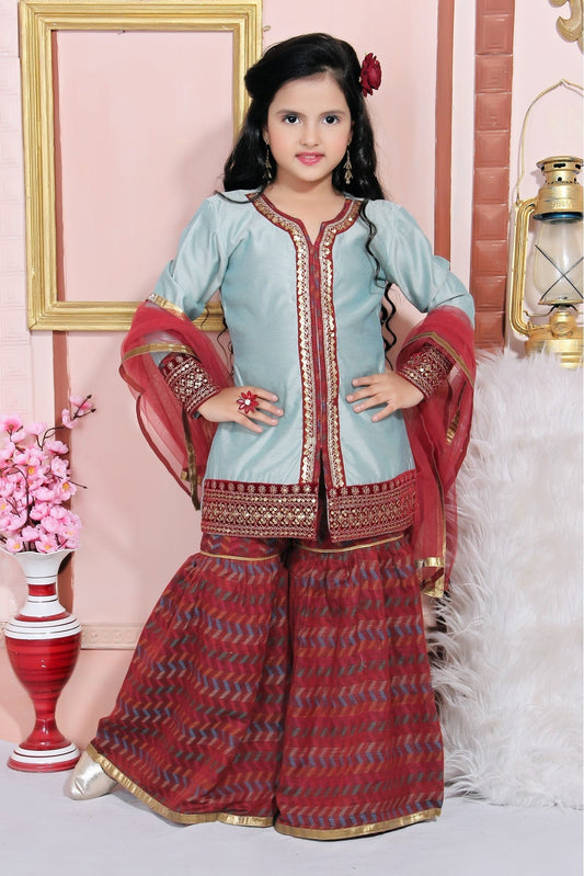 Grey Colour Chanderi Silk Embroidery Sharara Suit