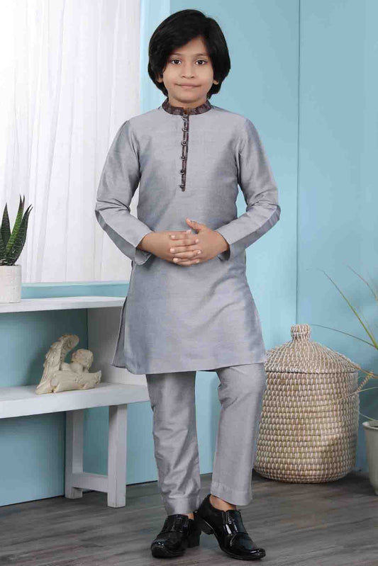 Grey Colour Cotton Silk Kurta Pajama