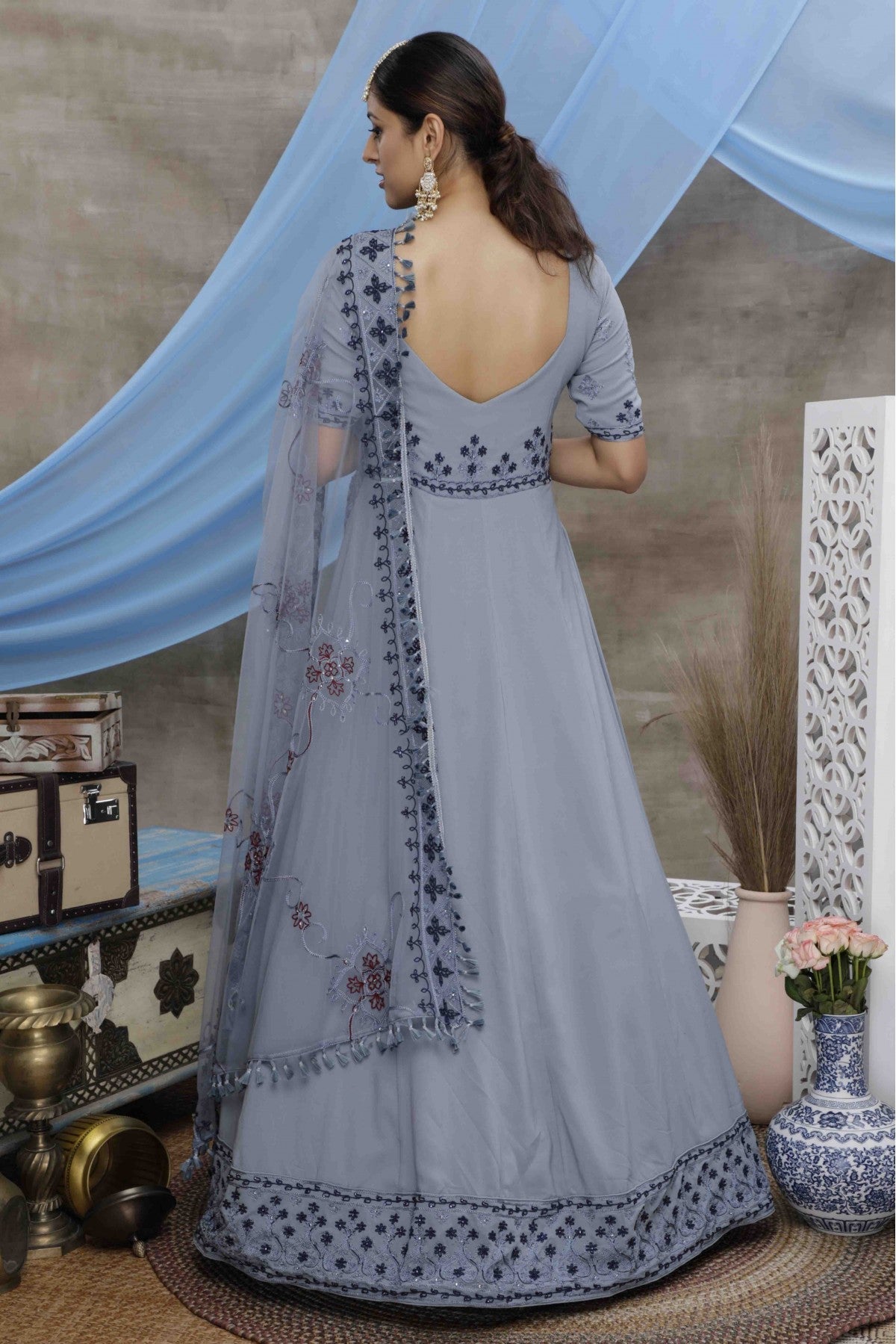 Grey Colour Georgette Embroidery Gown